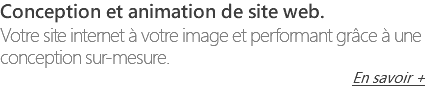 Conception et animation de site web. Votre site internet à votre image et performant grâce à une conception sur-mesure. En savoir +